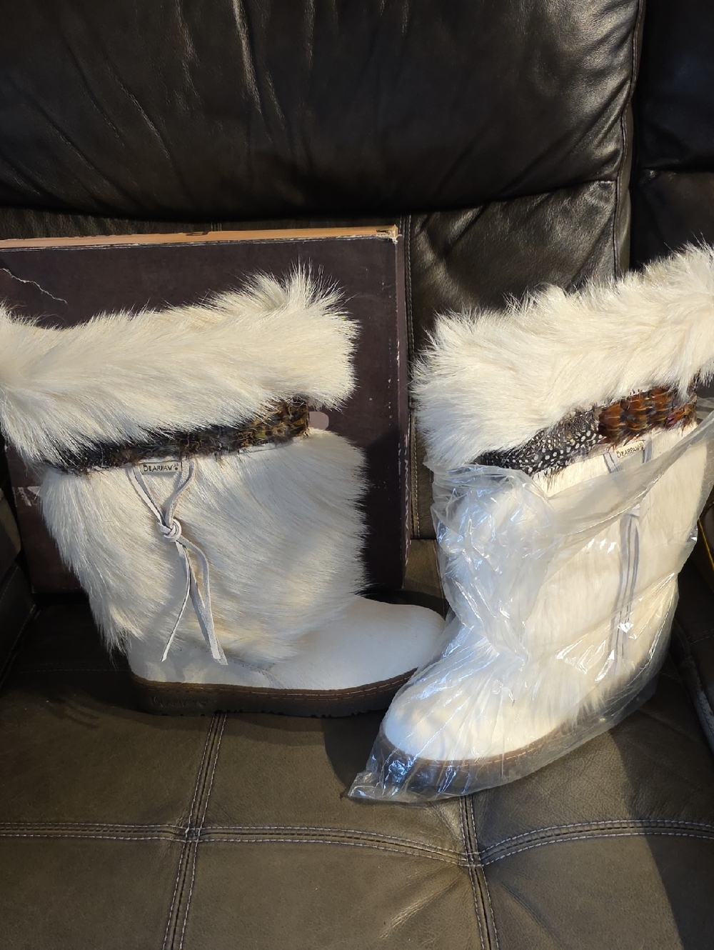 Bear Paw Brand White Faux Fur Winter Boots with Feather Trim